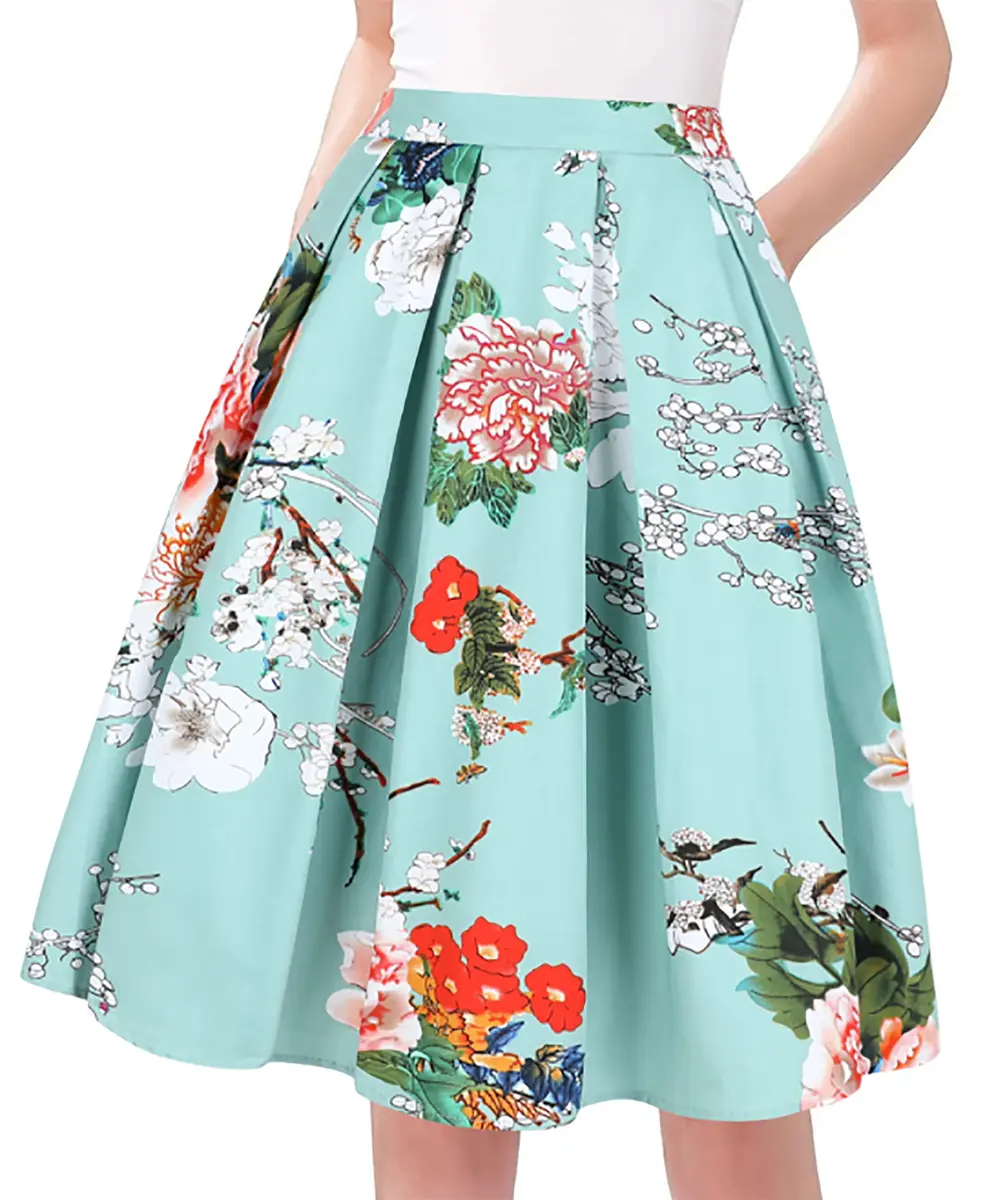 Tandisk Women's Vintage A-line Printed Pleated Flared Midi Skirt with Pockets Green Flower S | Retro Feminine Style - main product image
