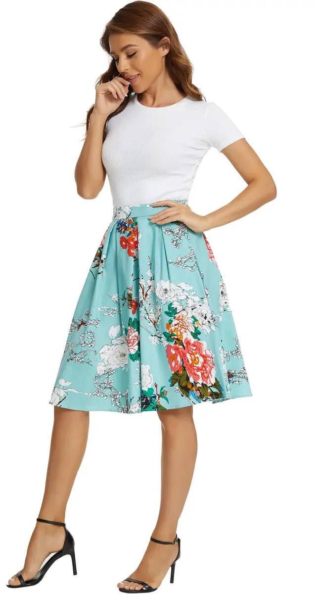 Tandisk Women's Vintage A-line Printed Pleated Flared Midi Skirt with Pockets Green Flower S | Retro Feminine Style - view 6