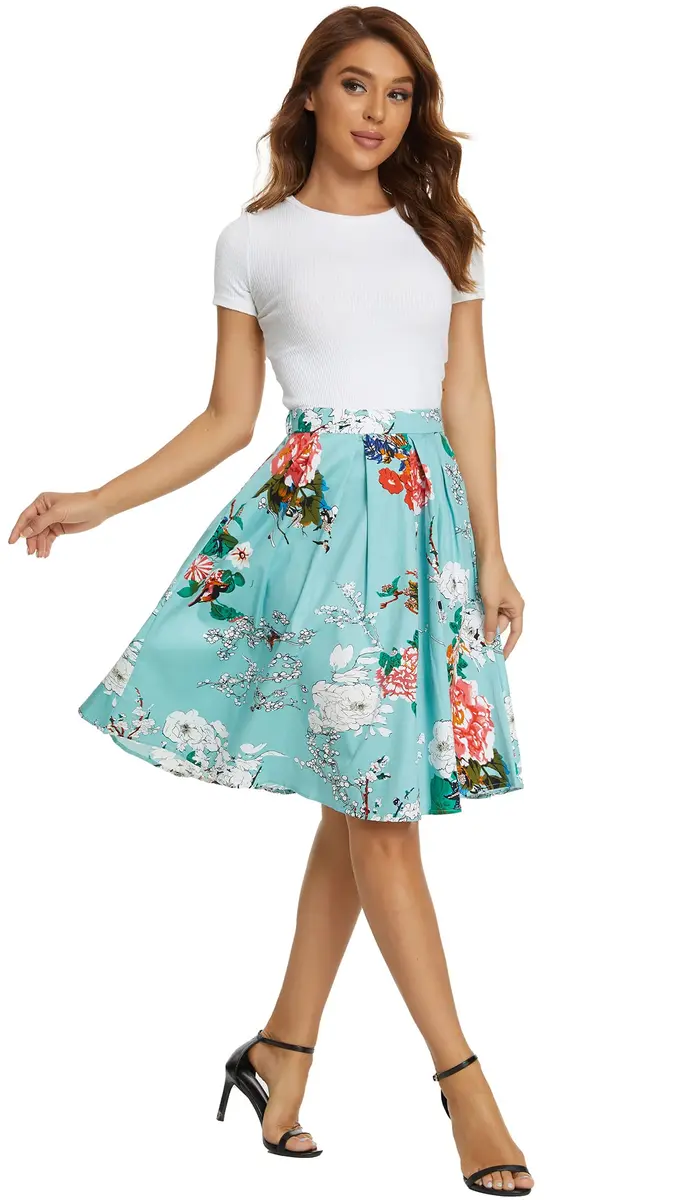 Tandisk Women's Vintage A-line Printed Pleated Flared Midi Skirt with Pockets Green Flower S | Retro Feminine Style - view 2