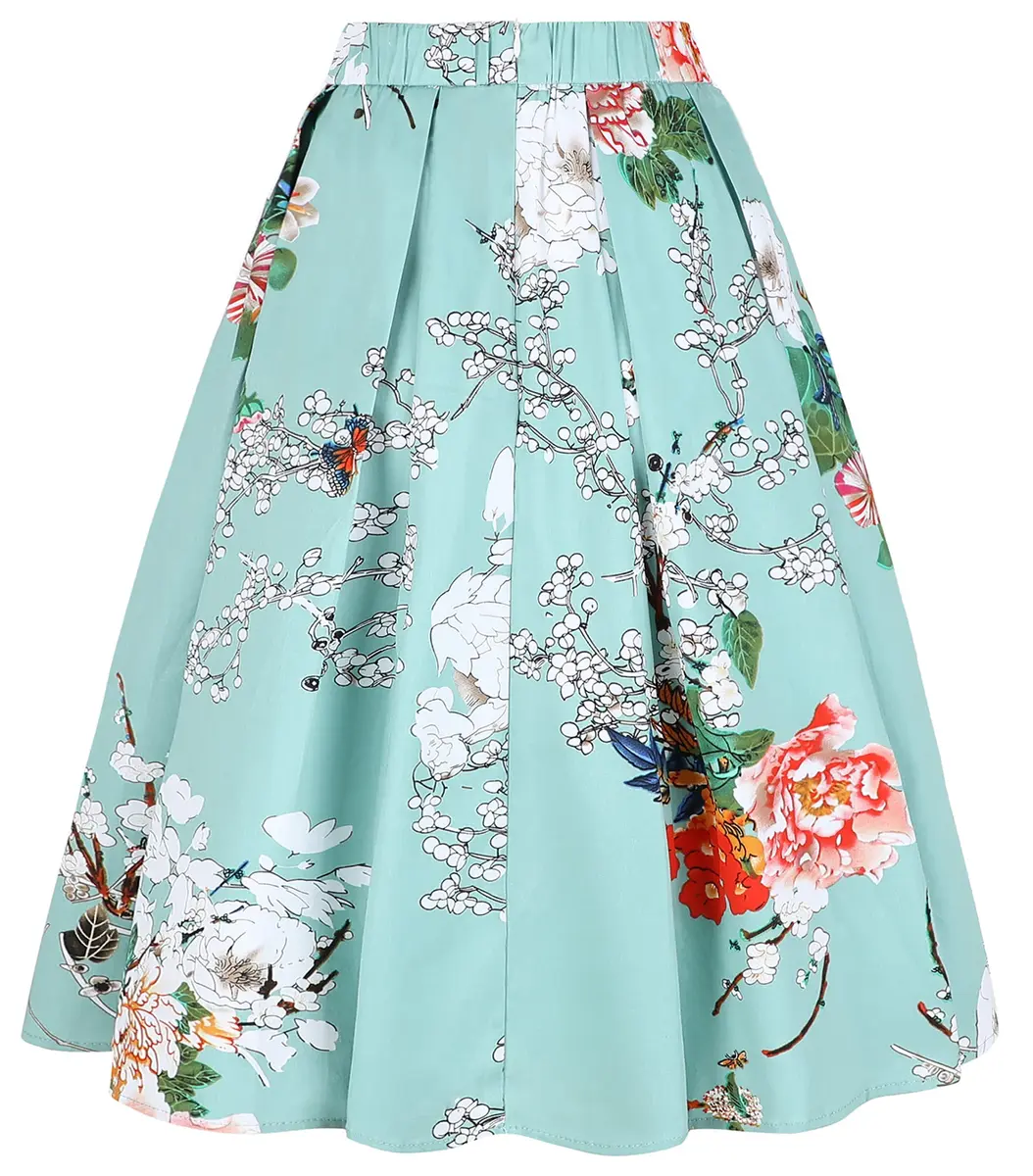 Tandisk Women's Vintage A-line Printed Pleated Flared Midi Skirt with Pockets Green Flower S | Retro Feminine Style - view 3