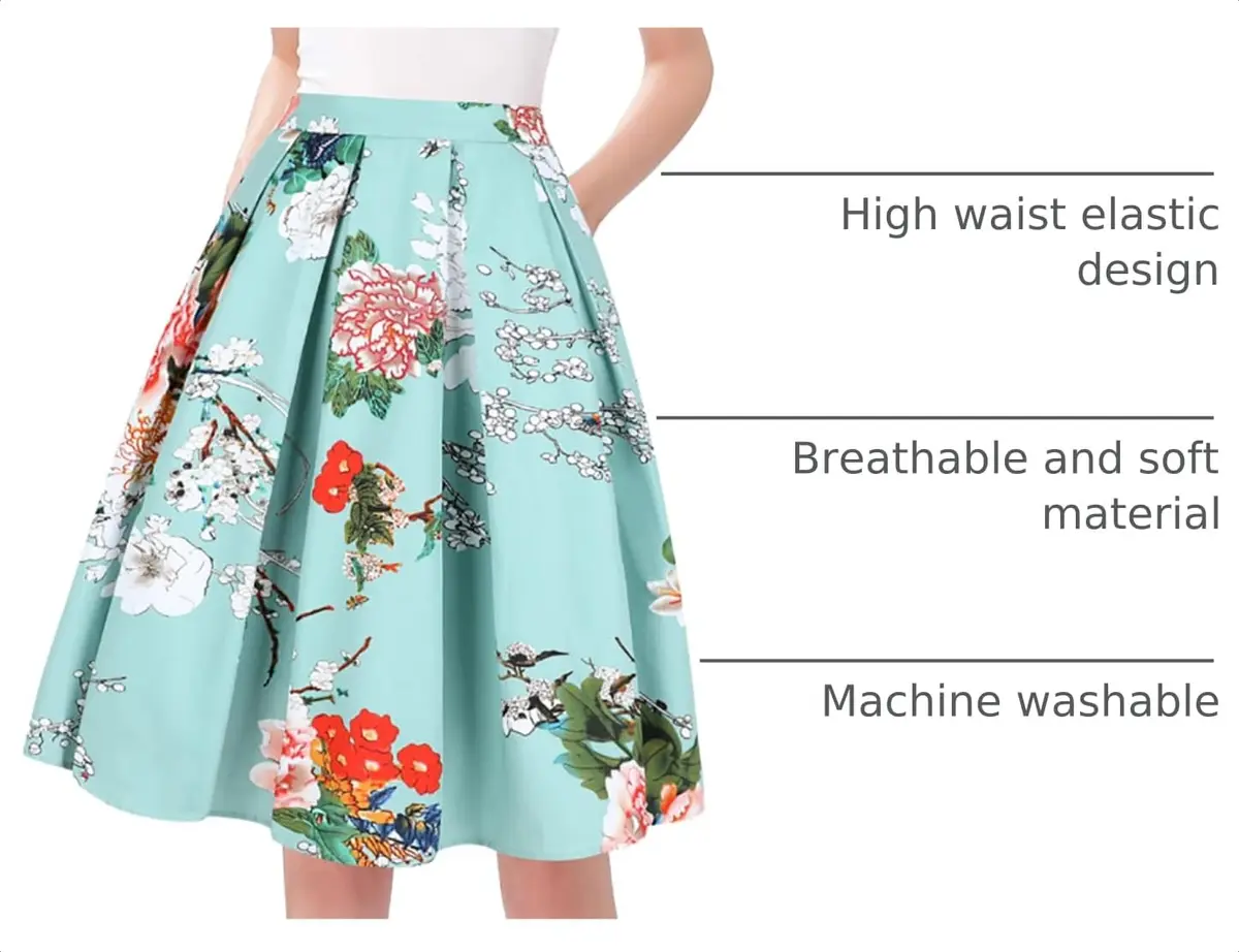 Tandisk Women's Vintage A-line Printed Pleated Flared Midi Skirt with Pockets Green Flower S | Retro Feminine Style - view 4