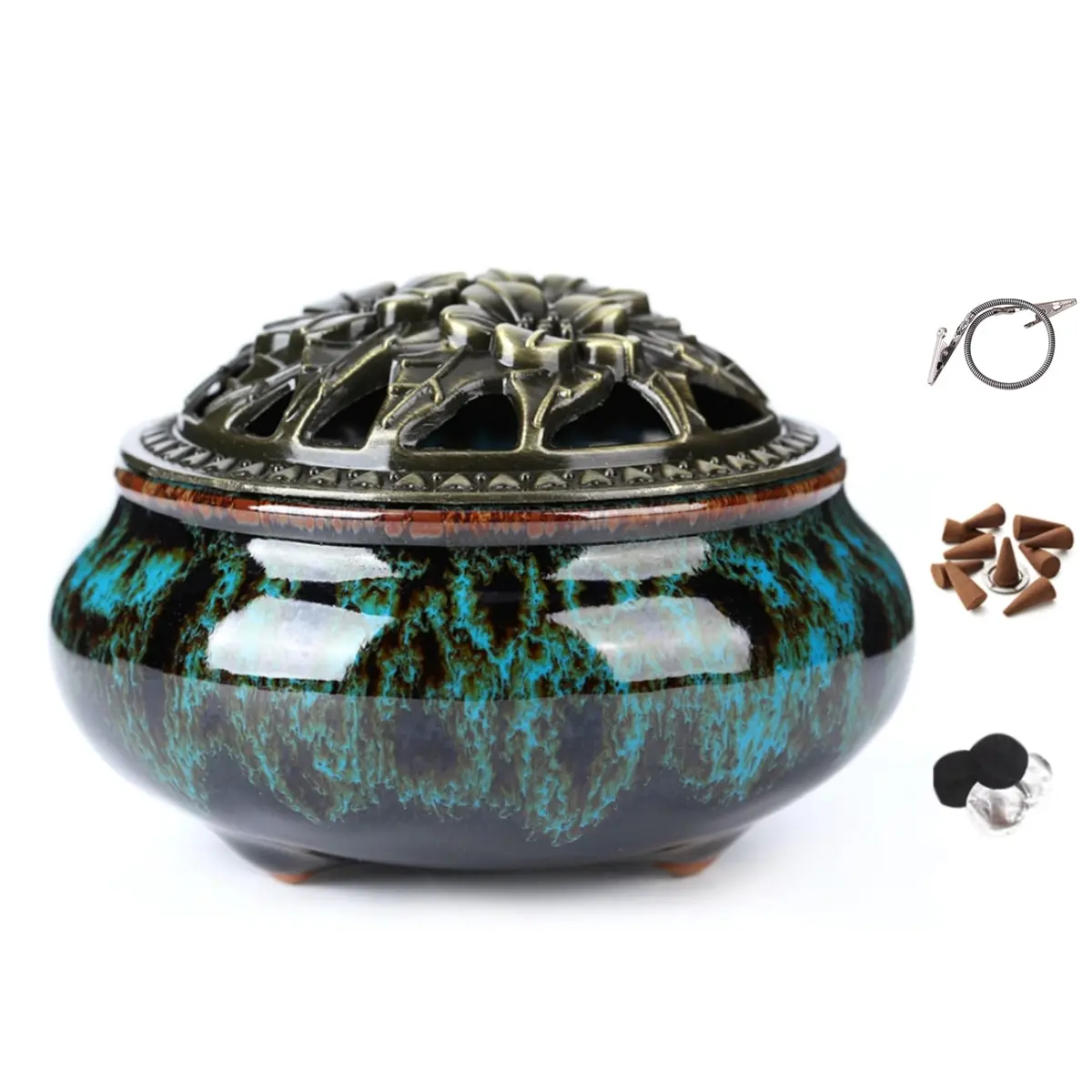 LamDawn Blue Fambe Ceramic Incense Burner with Stick Holder 10cm (3.9in) | Classical Furnishing for Meditation - main product image