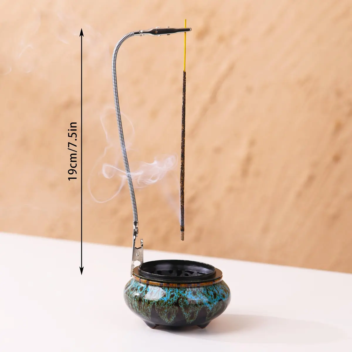 LamDawn Blue Fambe Ceramic Incense Burner with Stick Holder 10cm (3.9in) | Classical Furnishing for Meditation - view 2