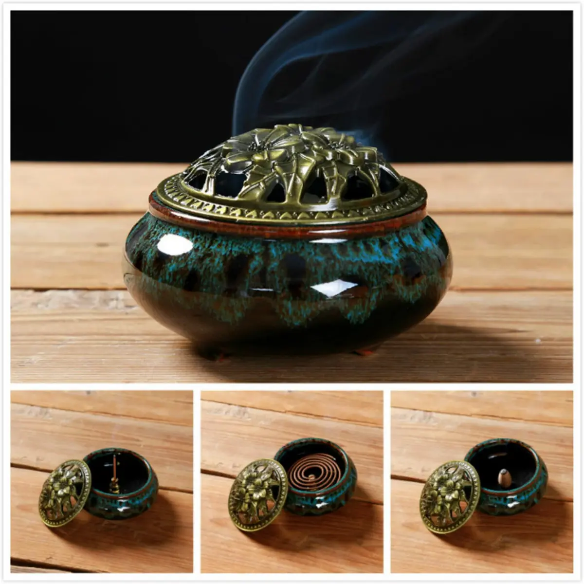 LamDawn Blue Fambe Ceramic Incense Burner with Stick Holder 10cm (3.9in) | Classical Furnishing for Meditation - view 3