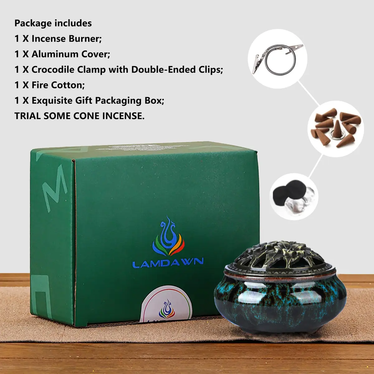 LamDawn Blue Fambe Ceramic Incense Burner with Stick Holder 10cm (3.9in) | Classical Furnishing for Meditation - view 4