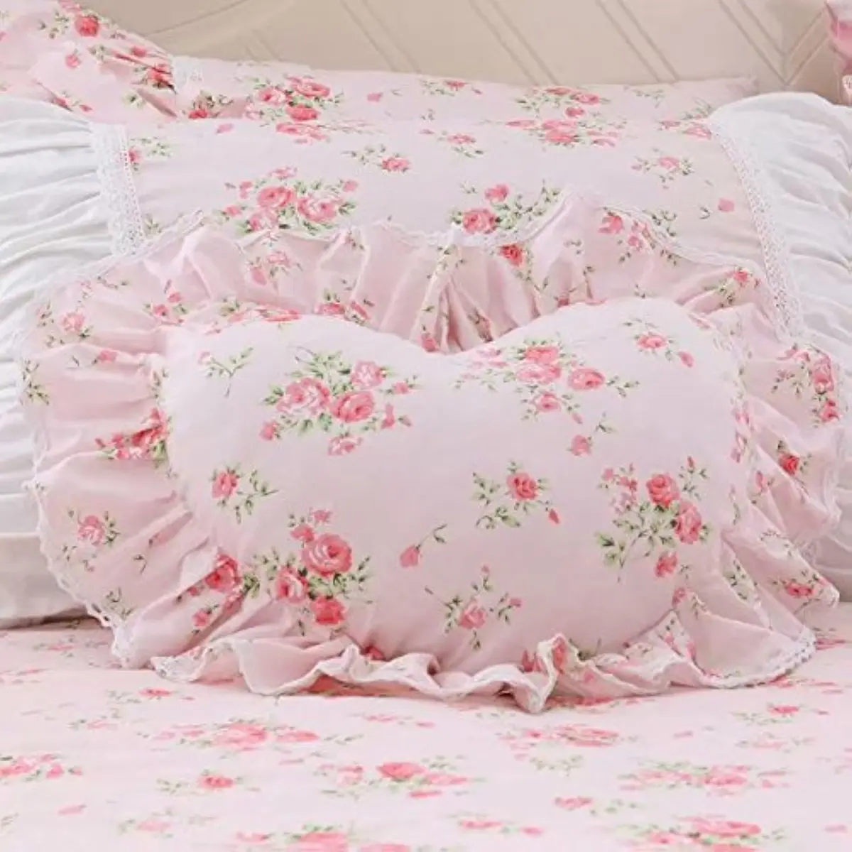 LELVA Pink Heart Throw Pillow with Floral Ruffle Design | Cotton Cover, Irregular Size (70-120c) - main product image