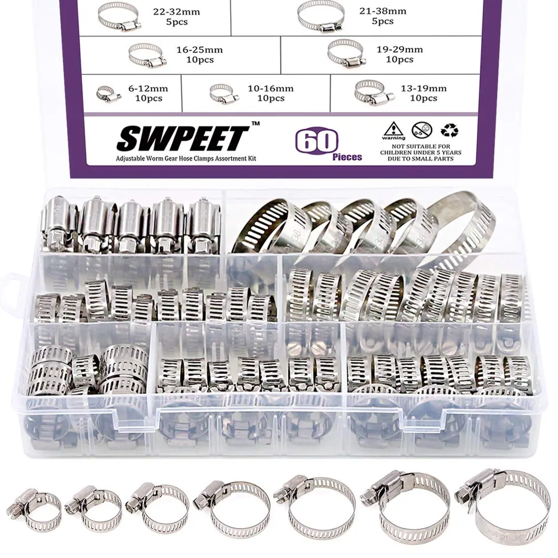 Swpeet 60Pcs Assorted Hose Clamps Kit 6-38mm | Stainless Steel Worm Gear for Automotive & Plumbing - main product image