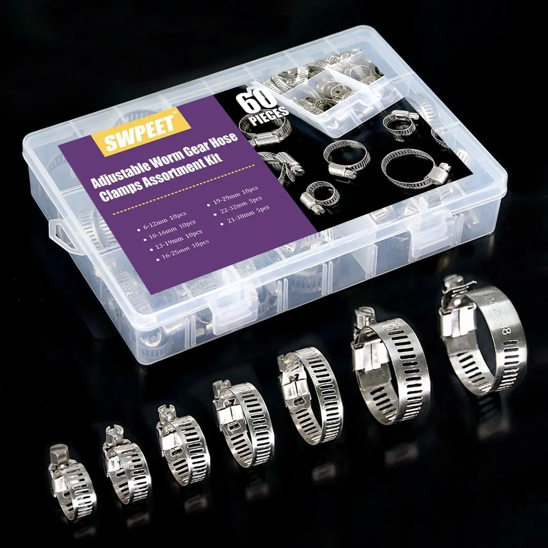 Swpeet 60Pcs Assorted Hose Clamps Kit 6-38mm | Stainless Steel Worm Gear for Automotive & Plumbing - view 7