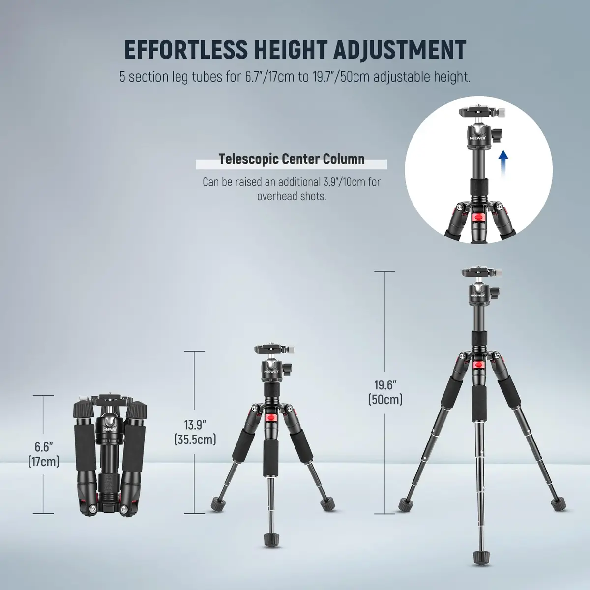 NEEWER Portable Travel Mini Tabletop Tripod 50cm Aluminum Alloy | 11 lb Max Load, 360° Ball Head - view 3
