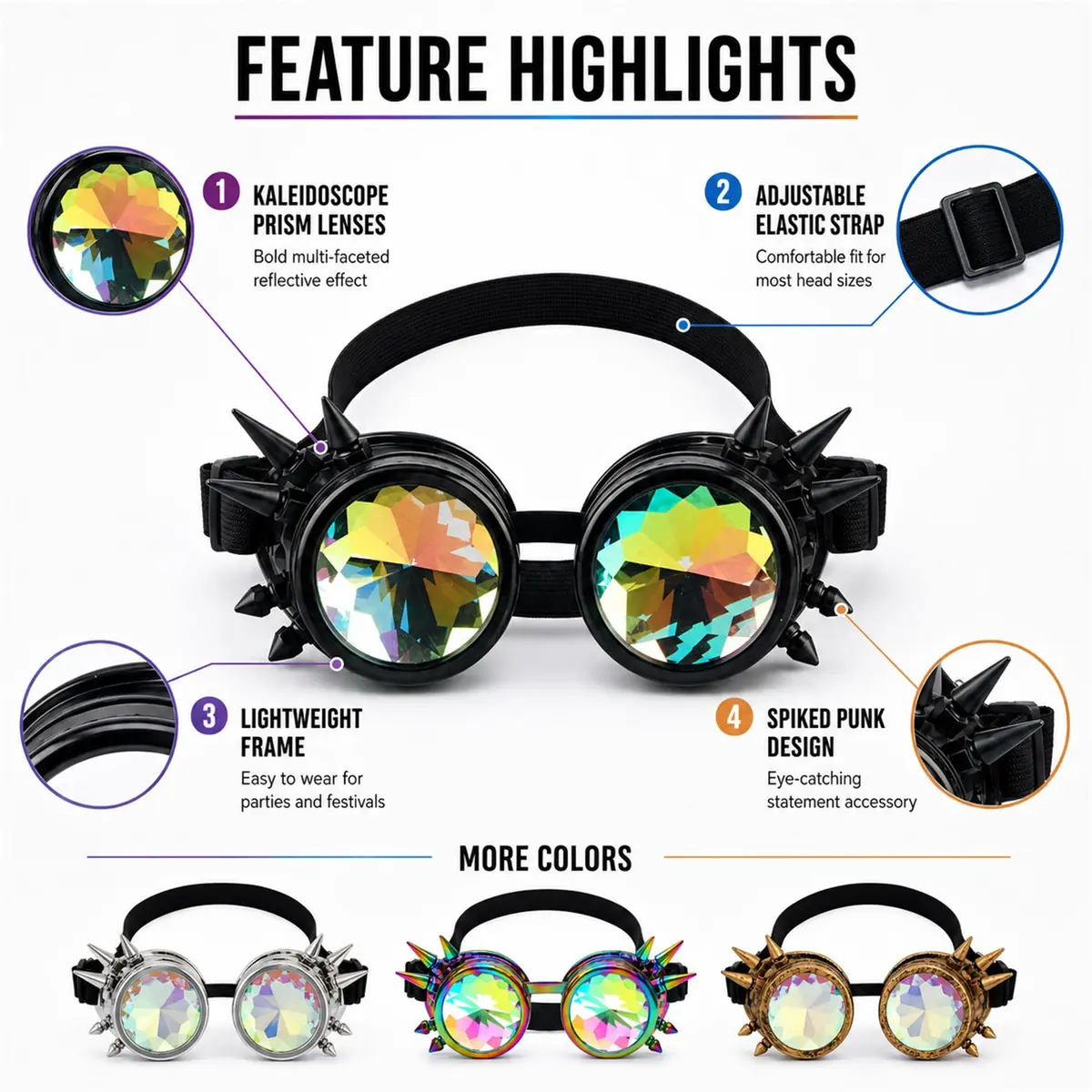 Lelinta Kaleidoscope Spiked Goggles with Adjustable Straps | Blue-Purple Spike - view 8