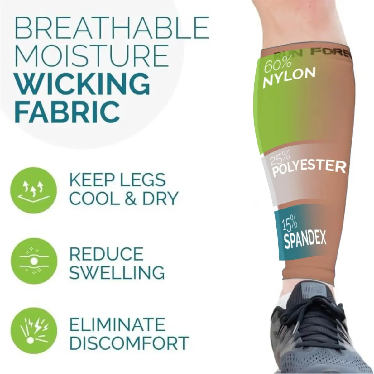 Run Forever Calf Compression Sleeve - Beige, Medium | 20-30mmHg Graduated Compression for Pain Relief & Recovery - view 3