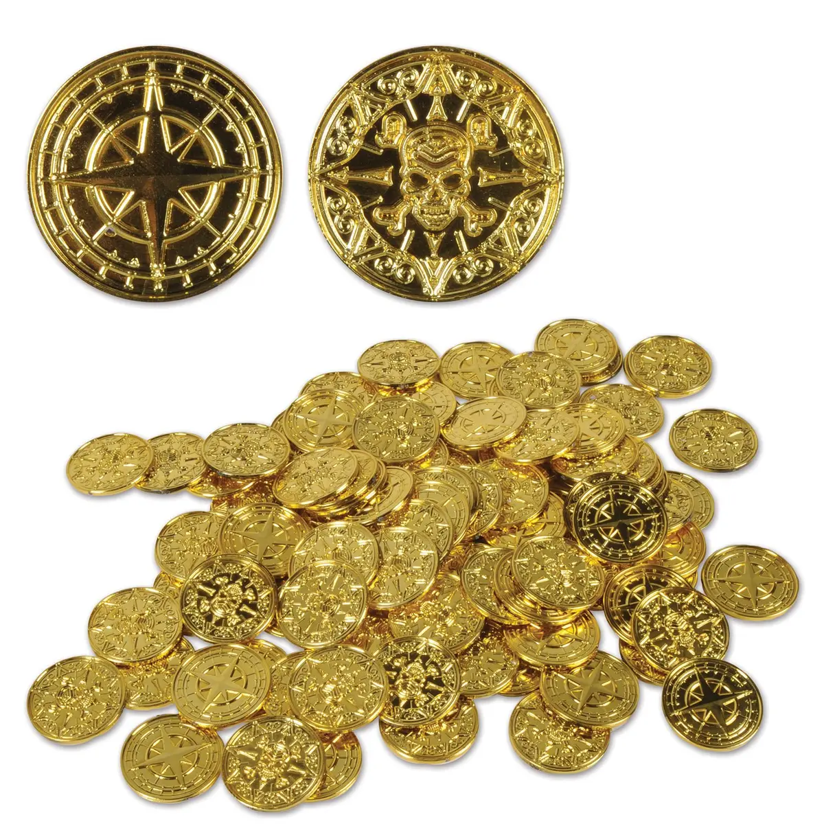 Beistle Plastic Gold Pirate Coins – Pack of 200, Double-Sided Treasure | Pirate-themed party décor - main product image