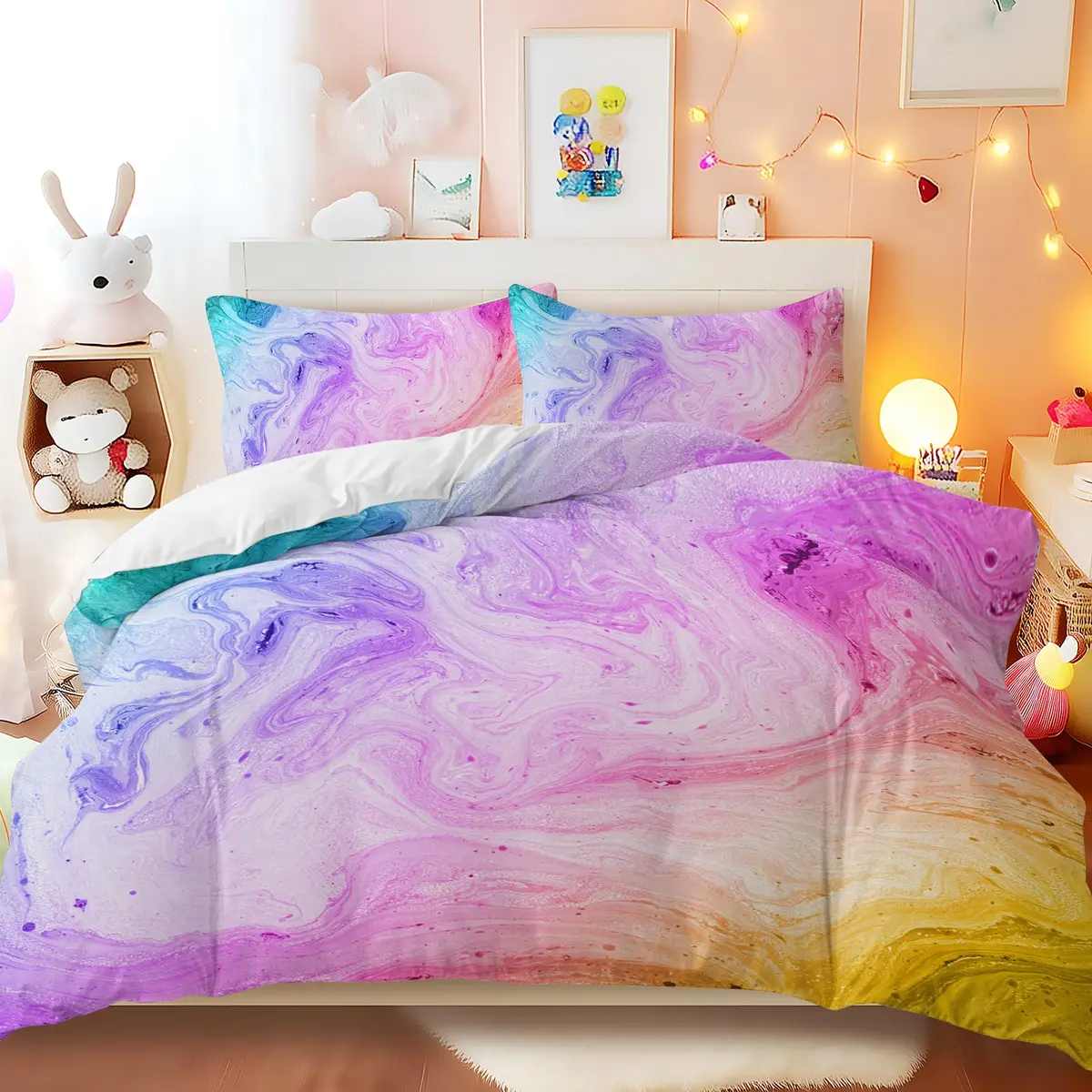 BlessLiving Duvet Cover Set, Colorful Marble Pastel Pink, Queen 3-Piece | Microfiber, Bright Abstract Art, Easy Care - main product image