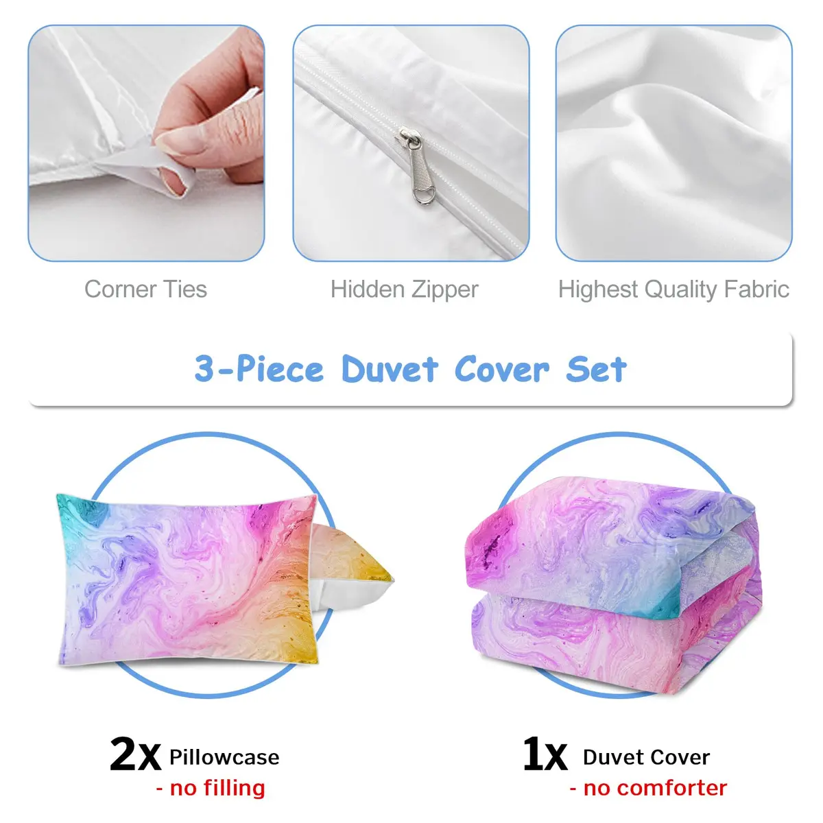 BlessLiving Duvet Cover Set, Colorful Marble Pastel Pink, Queen 3-Piece | Microfiber, Bright Abstract Art, Easy Care - view 5