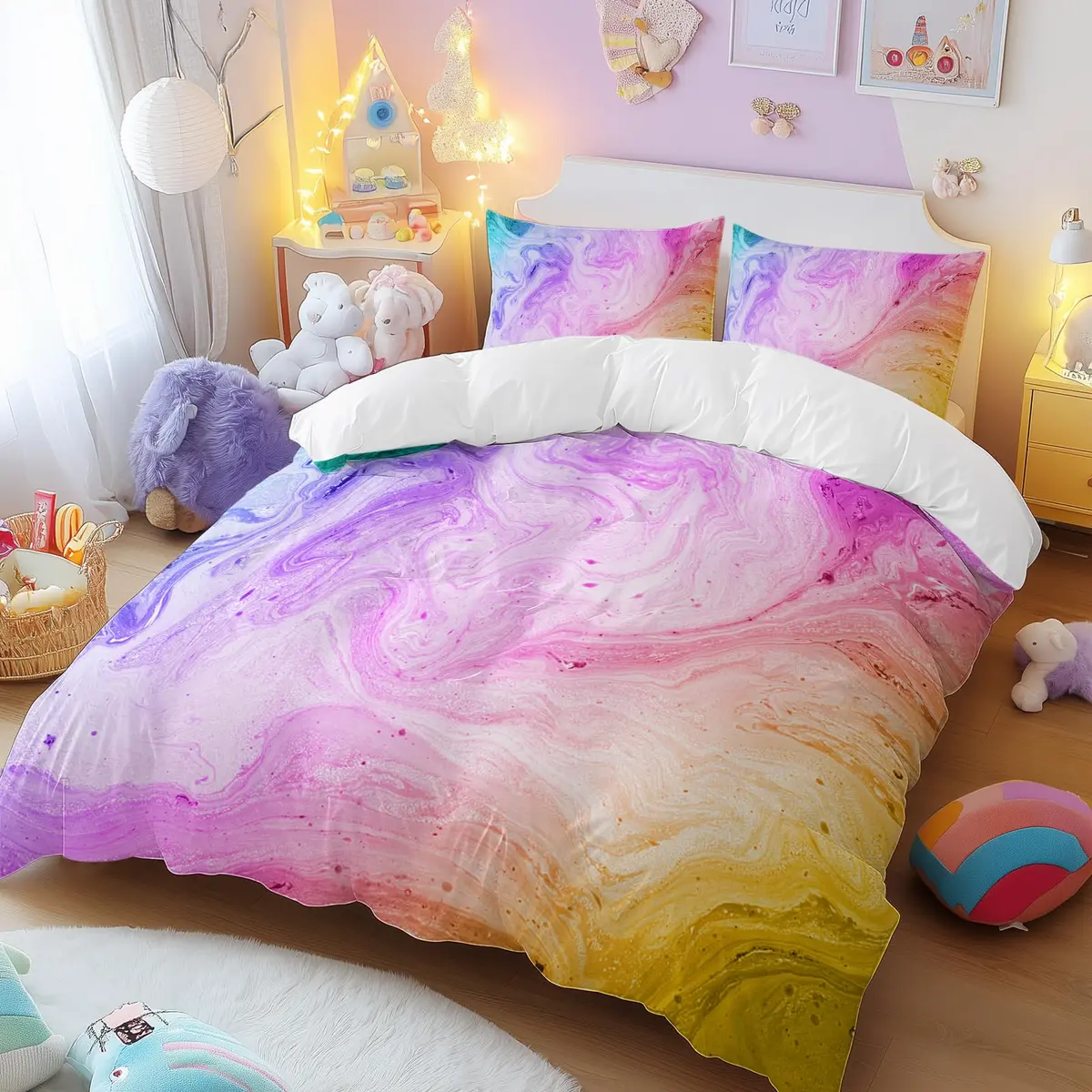 BlessLiving Duvet Cover Set, Colorful Marble Pastel Pink, Queen 3-Piece | Microfiber, Bright Abstract Art, Easy Care - view 2