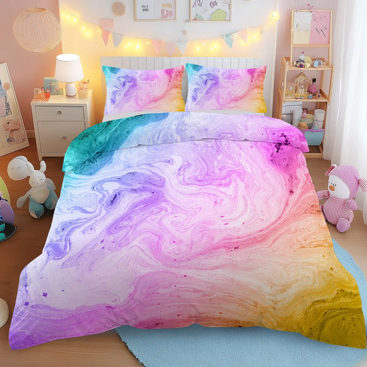 BlessLiving Duvet Cover Set, Colorful Marble Pastel Pink, Queen 3-Piece | Microfiber, Bright Abstract Art, Easy Care - view 3