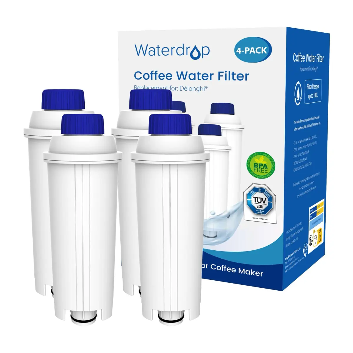 Waterdrop DLS C002 Filter Replacement for De'Longhi Coffee Machines 4 Pack | Reduces Chlorine & Impurities for Better Taste - main product image