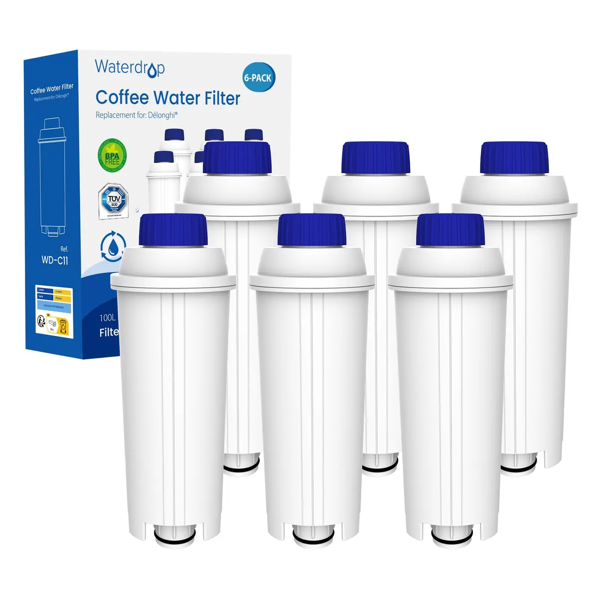 Waterdrop DLS C002 Filter Replacement for De'Longhi Coffee Machines 6 Pack | Reduces Chlorine & Impurities for Fresher Water - main product image