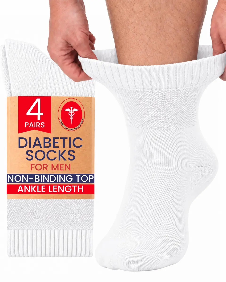 Hugh Ugoli Diabetic Socks for Men, Loose Ankle Rayon, Extra-Wide, Thin, Seamless Toe, Non-Binding Top, 4 Pairs, White, Shoe Size: 8-11 | Breathable & Soft - main product image