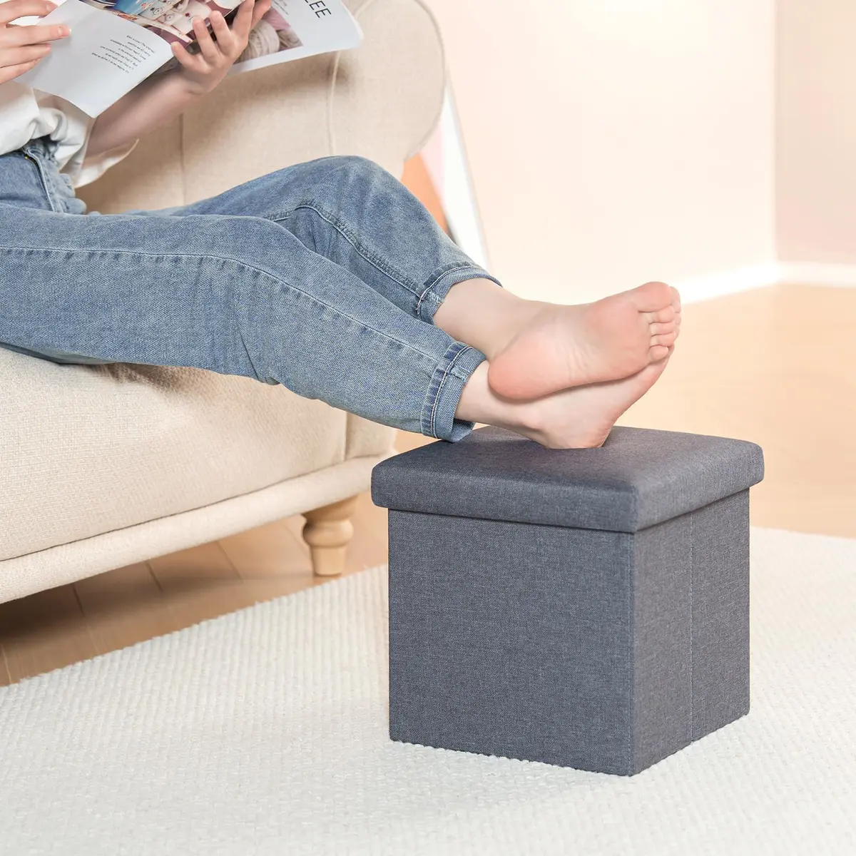 B FSOBEIIALEO Storage Ottoman Cube, 11.8" Linen Grey | Small Foldable Footstool & Storage - view 5