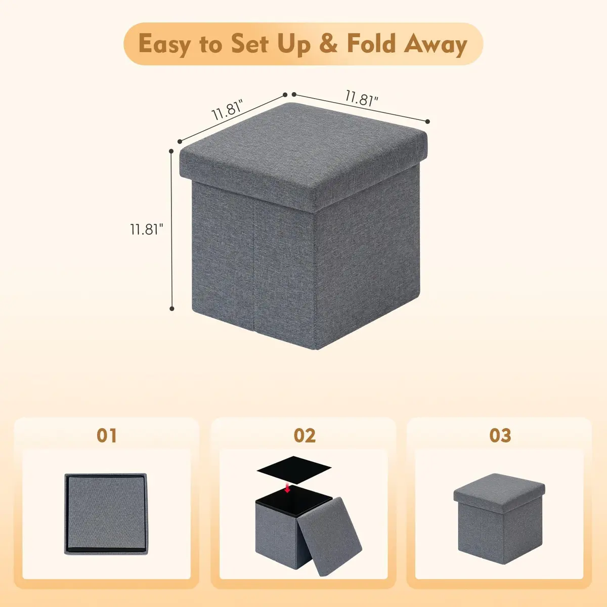 B FSOBEIIALEO Storage Ottoman Cube, 11.8" Linen Grey | Small Foldable Footstool & Storage - view 2