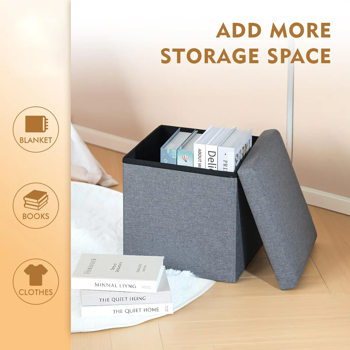B FSOBEIIALEO Storage Ottoman Cube, 11.8" Linen Grey | Small Foldable Footstool & Storage - view 3