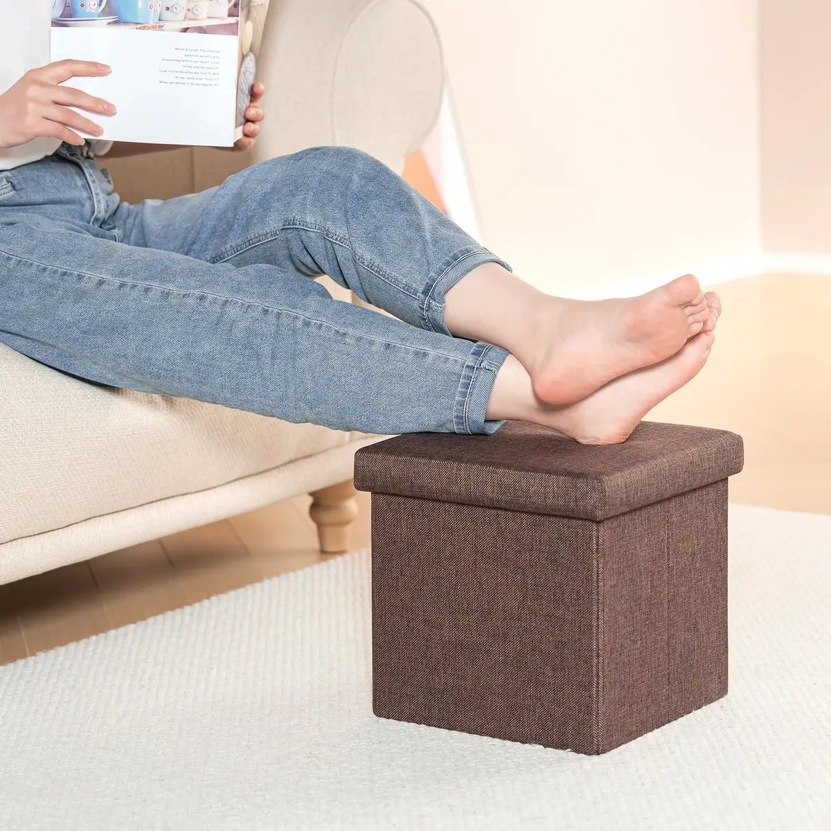 B FSOBEIIALEO Storage Ottoman Cube, 11.8" Linen Small Ottoman, Brown | Space-Saving, Durable & Foldable - view 5