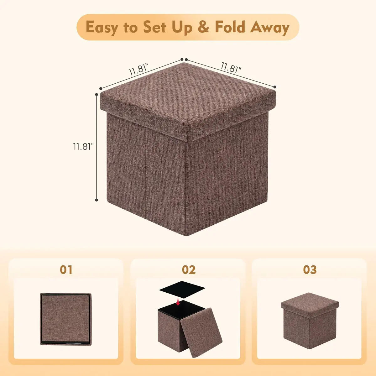 B FSOBEIIALEO Storage Ottoman Cube, 11.8" Linen Small Ottoman, Brown | Space-Saving, Durable & Foldable - view 2