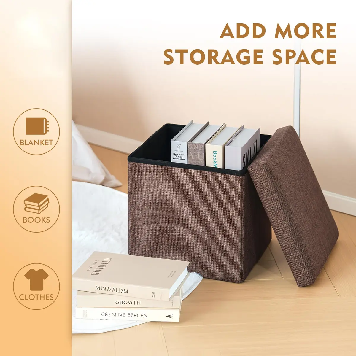 B FSOBEIIALEO Storage Ottoman Cube, 11.8" Linen Small Ottoman, Brown | Space-Saving, Durable & Foldable - view 3