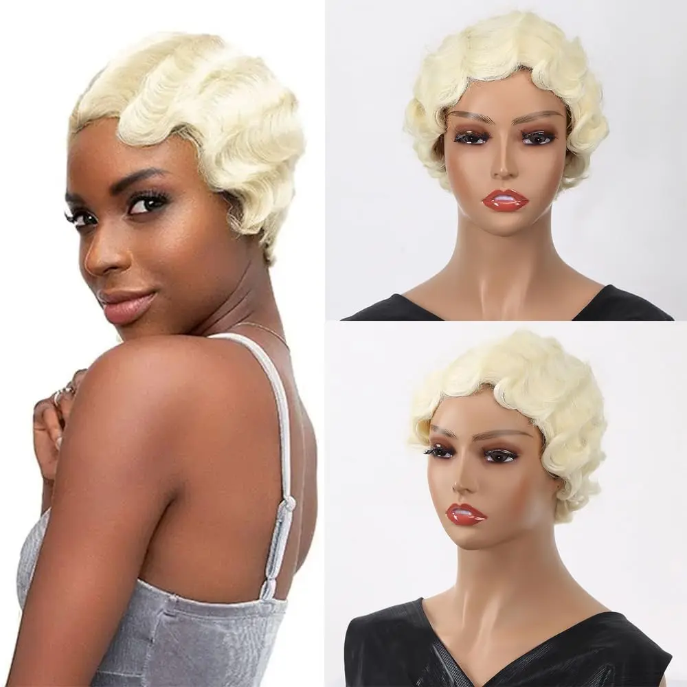 Sheila Beauty Short Wigs Pixie Curly Synthetic Hair Wavy Wig Light yellow White | Natural Look - main product image