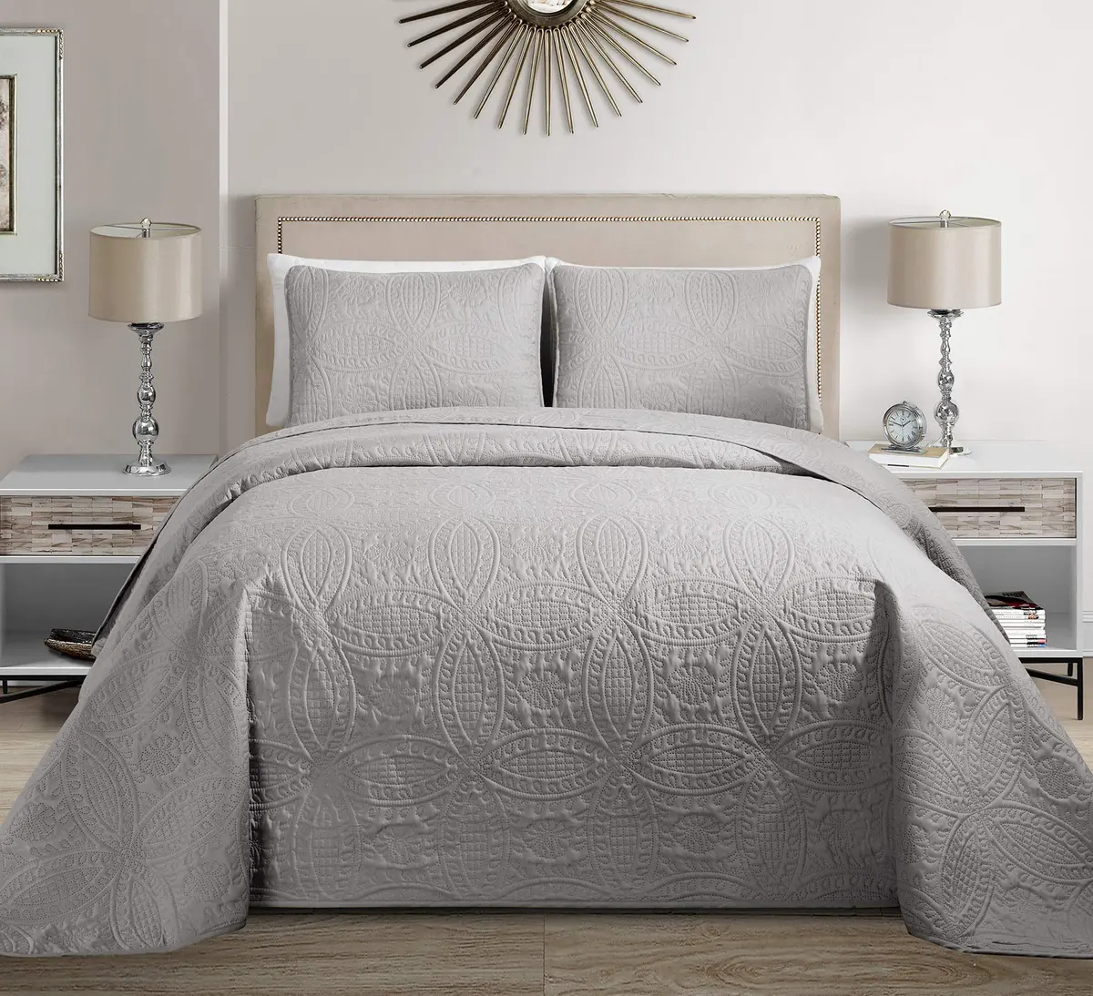 MK Home 3pc King/California King Bedspread Set | Brushed Microfiber Silver 118"x106" - main product image