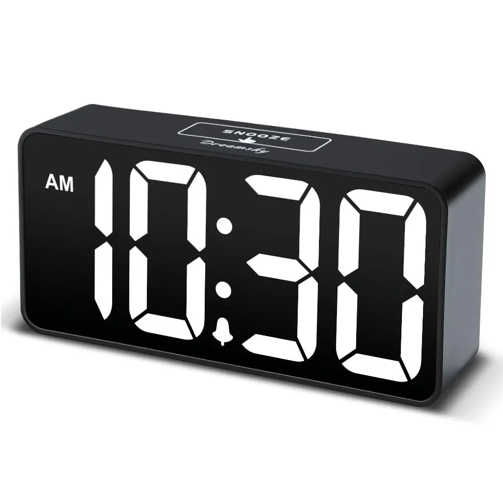 DreamSky Small Digital Alarm Clock for Bedroom, Large 2-inch LED Display | Black Case White Digits, Plug-in with USB Charging Port - main product image