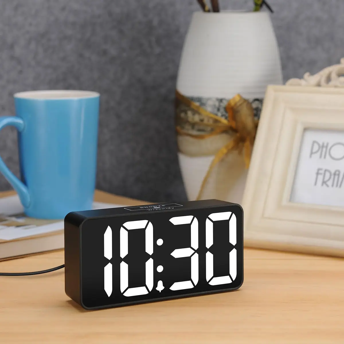 DreamSky Small Digital Alarm Clock for Bedroom, Large 2-inch LED Display | Black Case White Digits, Plug-in with USB Charging Port - view 5
