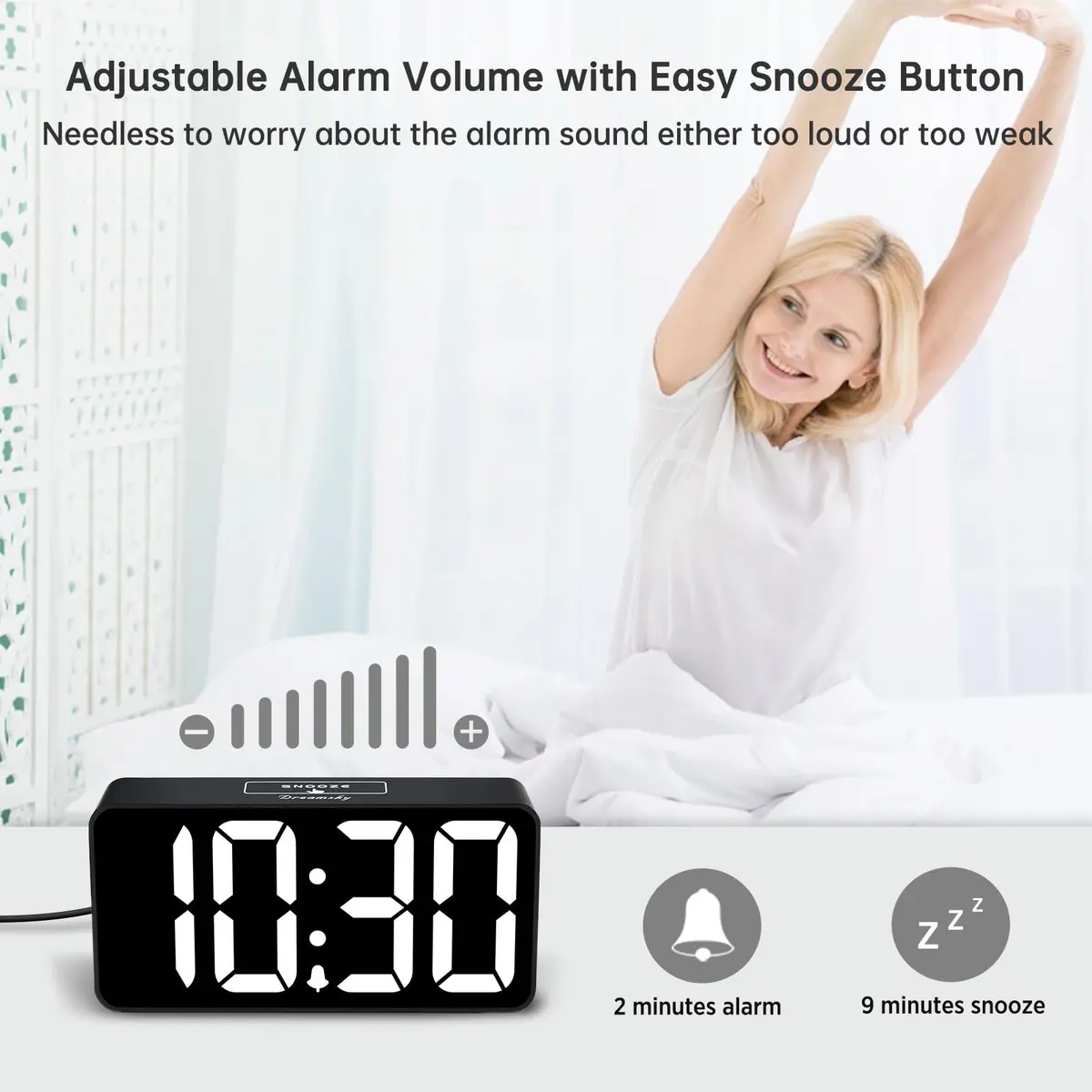 DreamSky Small Digital Alarm Clock for Bedroom, Large 2-inch LED Display | Black Case White Digits, Plug-in with USB Charging Port - view 6
