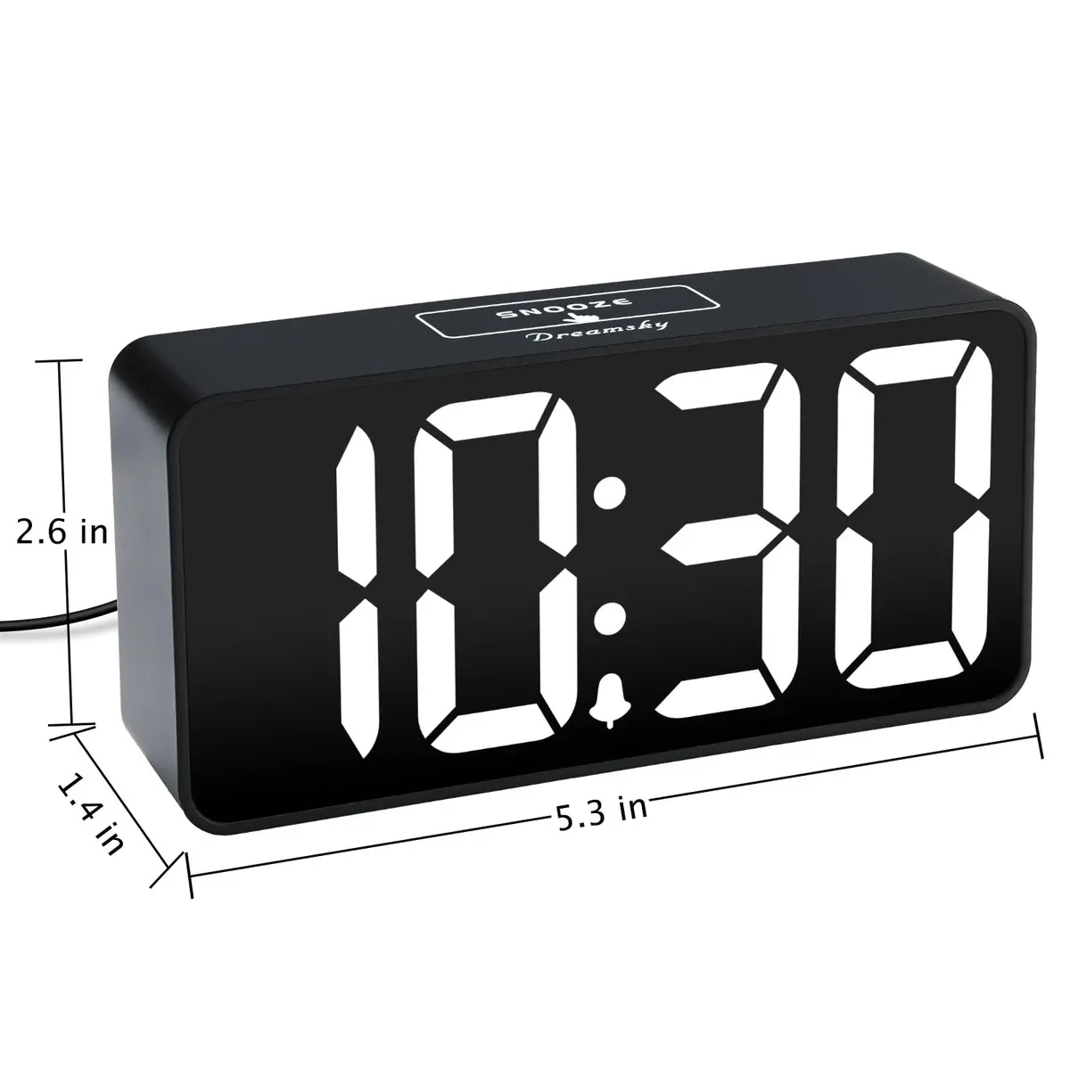 DreamSky Small Digital Alarm Clock for Bedroom, Large 2-inch LED Display | Black Case White Digits, Plug-in with USB Charging Port - view 7
