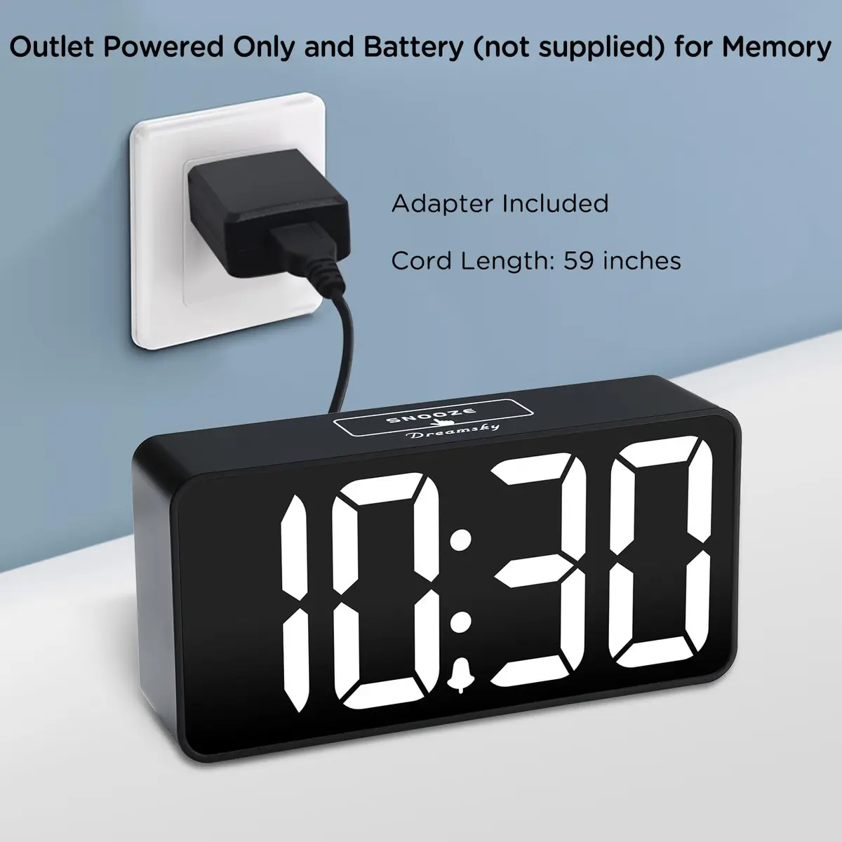 DreamSky Small Digital Alarm Clock for Bedroom, Large 2-inch LED Display | Black Case White Digits, Plug-in with USB Charging Port - view 2
