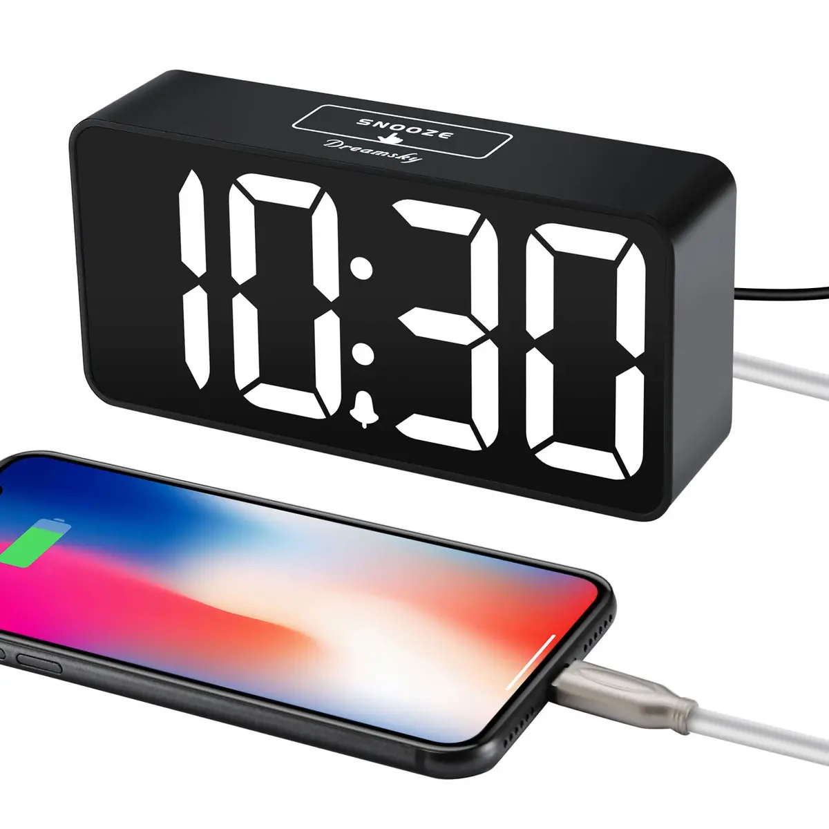 DreamSky Small Digital Alarm Clock for Bedroom, Large 2-inch LED Display | Black Case White Digits, Plug-in with USB Charging Port - view 4