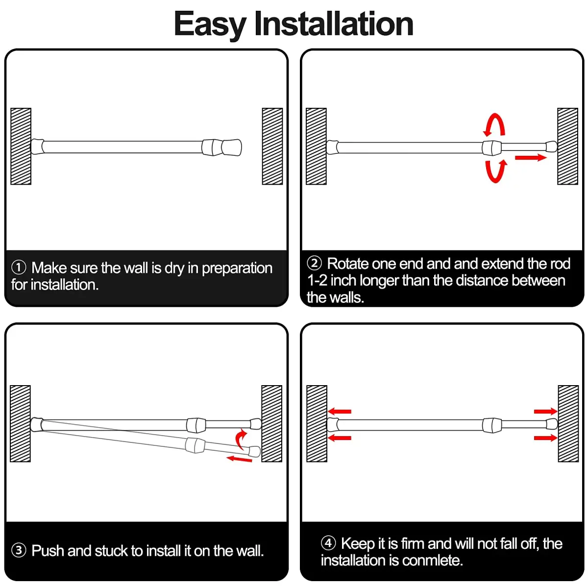 SIQUK Black 6 Pack Adjustable Spring Tension Rods 40cm - 71cm (15.7" - 28") | No-Drill Installation for Cupboards, Closets, RVs - view 4