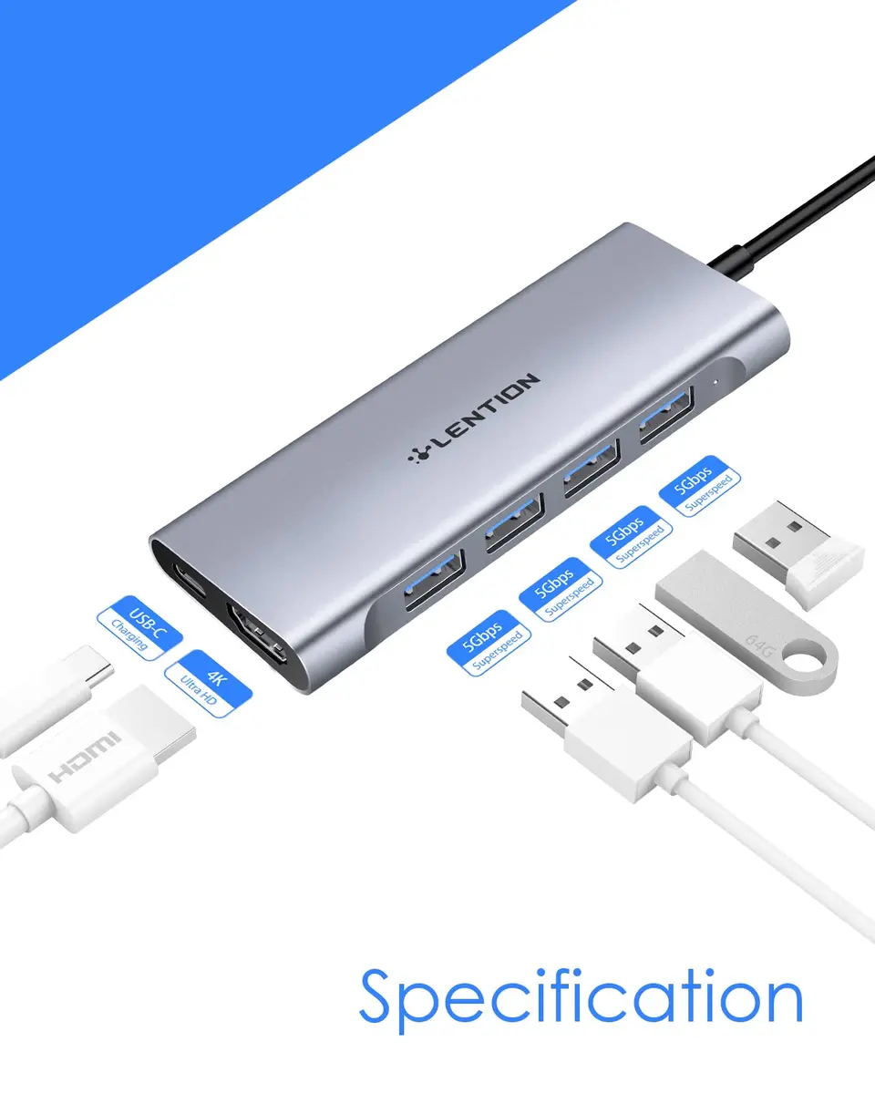 LENTION 6 in 1 USB C Hub, 4 USB 3.0, 4K@60Hz HDMI, 100W Charging | Multiport Hub for MacBook & More - view 2