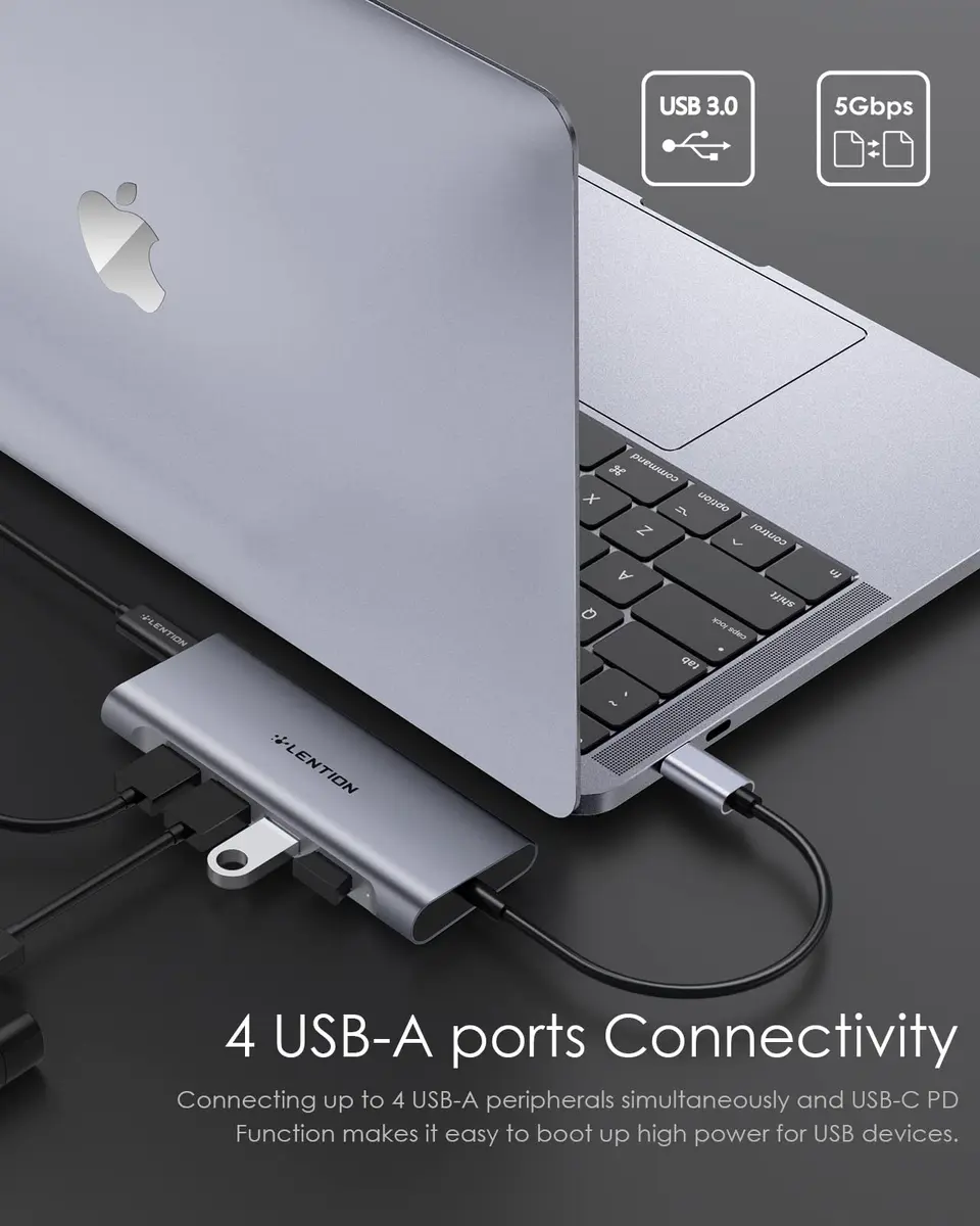 LENTION 6 in 1 USB C Hub, 4 USB 3.0, 4K@60Hz HDMI, 100W Charging | Multiport Hub for MacBook & More - view 3