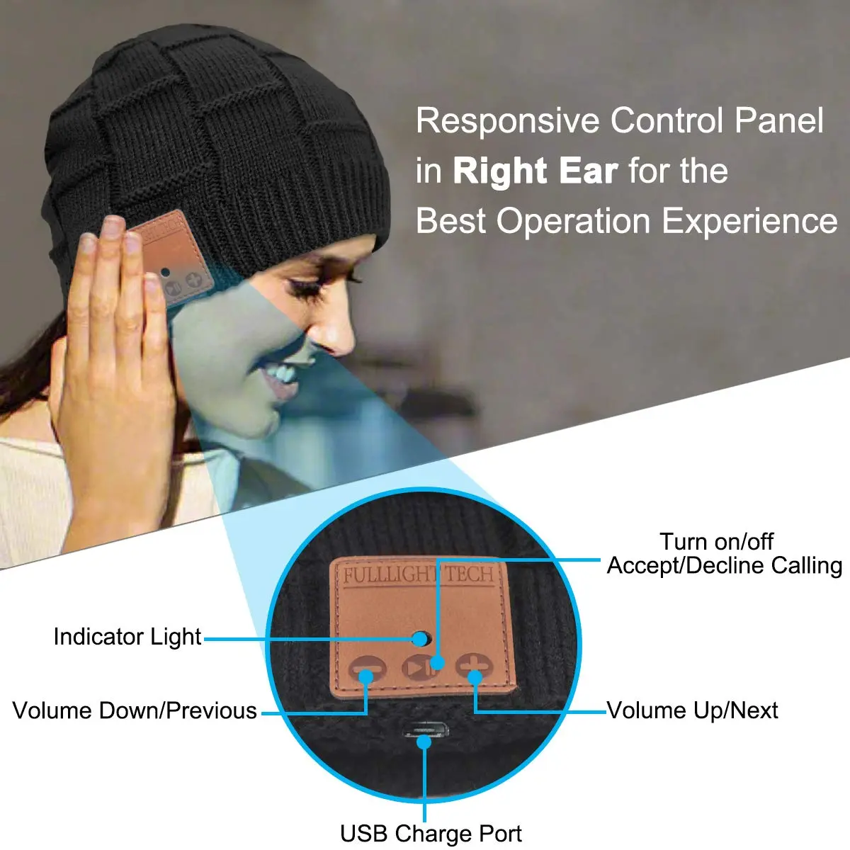 FULLLIGHT TECH Bluetooth Beanie Hat Headphones | 23H Playtime, Warm, Unisex, Black - view 5