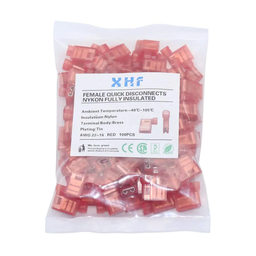 XHF 90 Degree 22-18 AWG Flag Shaped Right Angle Spade Connectors Nylon Fully Insulated 100 Pcs Red | RoHS, CE, CSA Certified - view 4