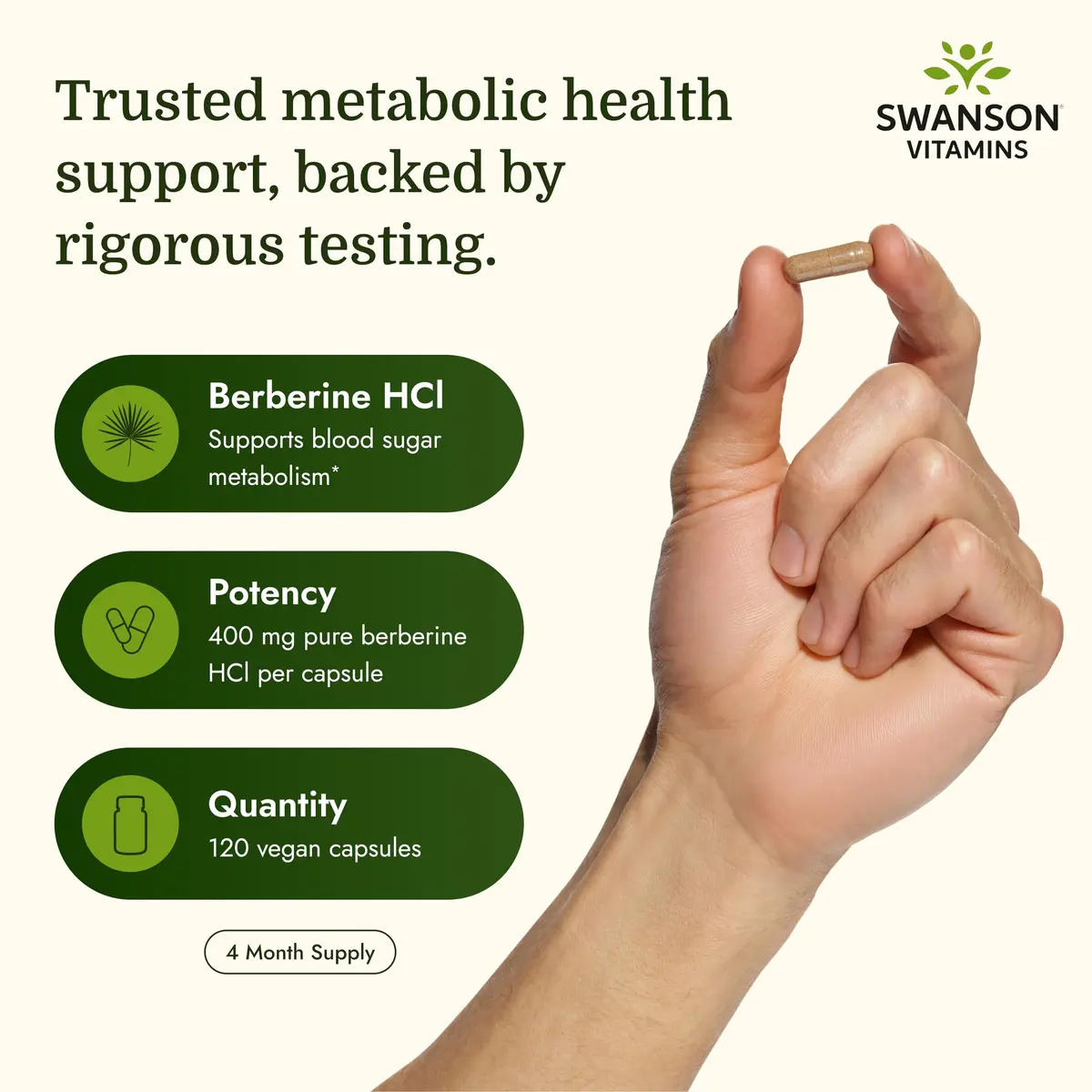 Swanson Berberine HCl Metabolic Health 400 mg 120 Vegan Capsules (60 Count Pack of 2) | Supports Cardiovascular & Metabolic Health - view 3
