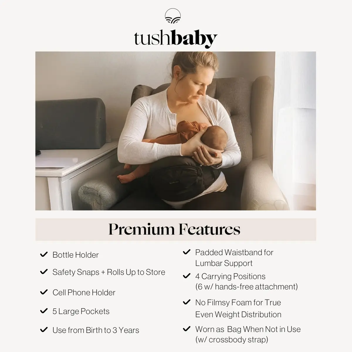 TushBaby Hip Seat Baby Carrier for Babies & Toddlers up to 45 lbs | Supportive, No-Foam, Lightweight with Storage - view 4