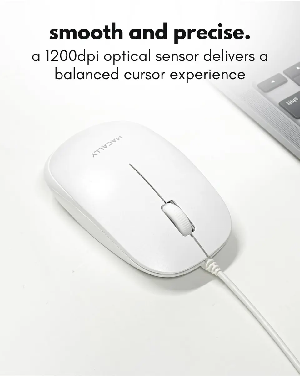 Macally Wired Mouse for Mac & PC - Ambidextrous 1200 DPI Optical USB Mouse in White - view 5