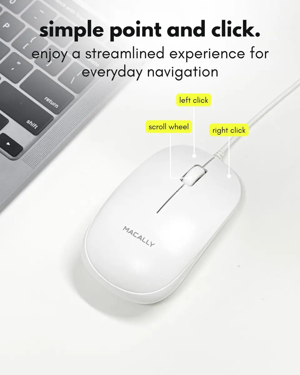 Macally Wired Mouse for Mac & PC - Ambidextrous 1200 DPI Optical USB Mouse in White - view 6