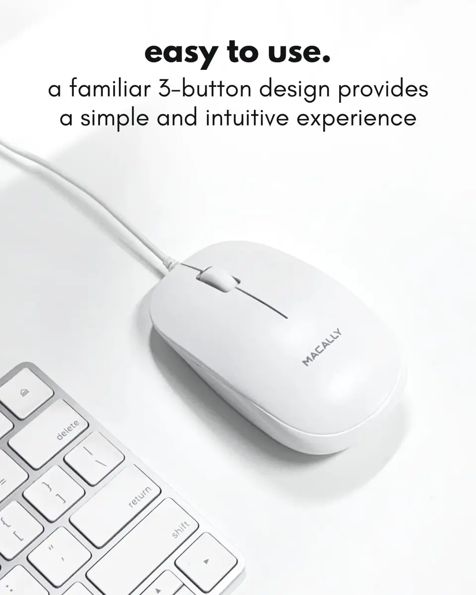 Macally Wired Mouse for Mac & PC - Ambidextrous 1200 DPI Optical USB Mouse in White - view 2