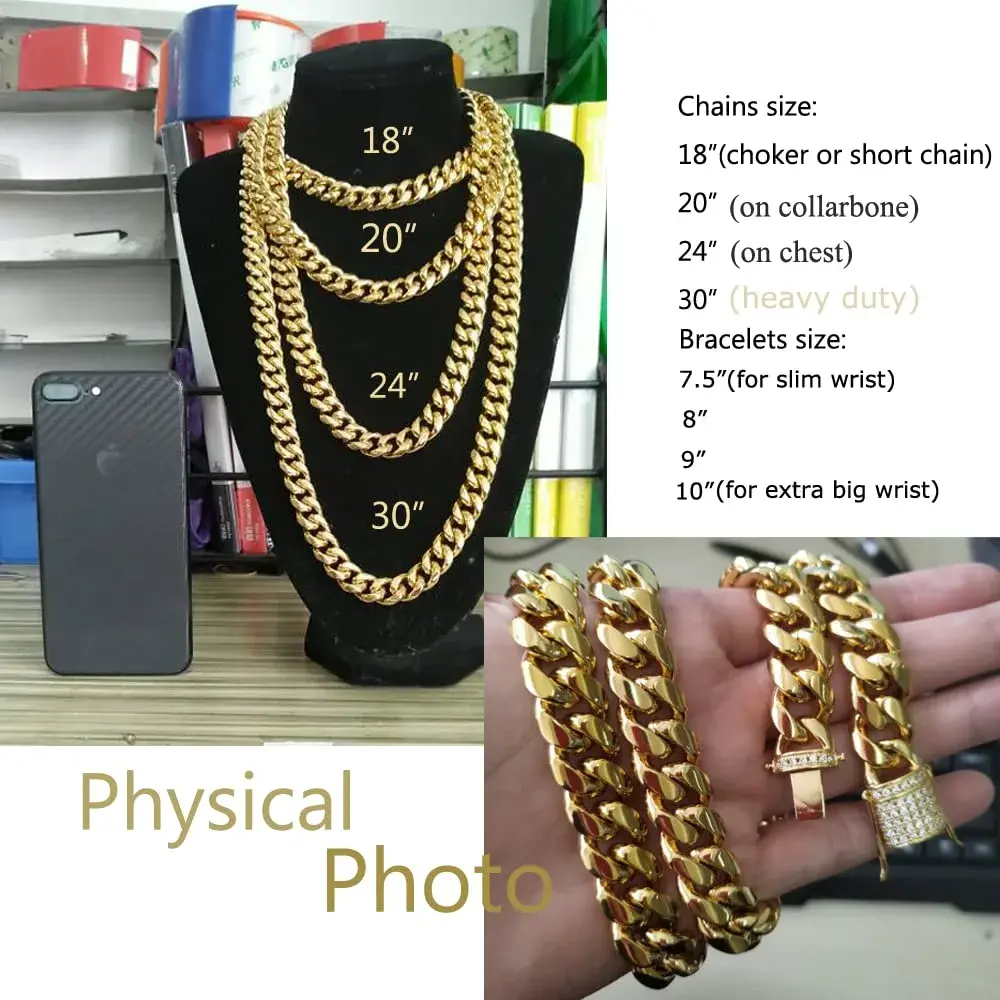Jxlepe Men's 15mm Cuban Link Chain Necklace 24 inch | Premium Stainless Steel with 18K Gold Plating - view 5