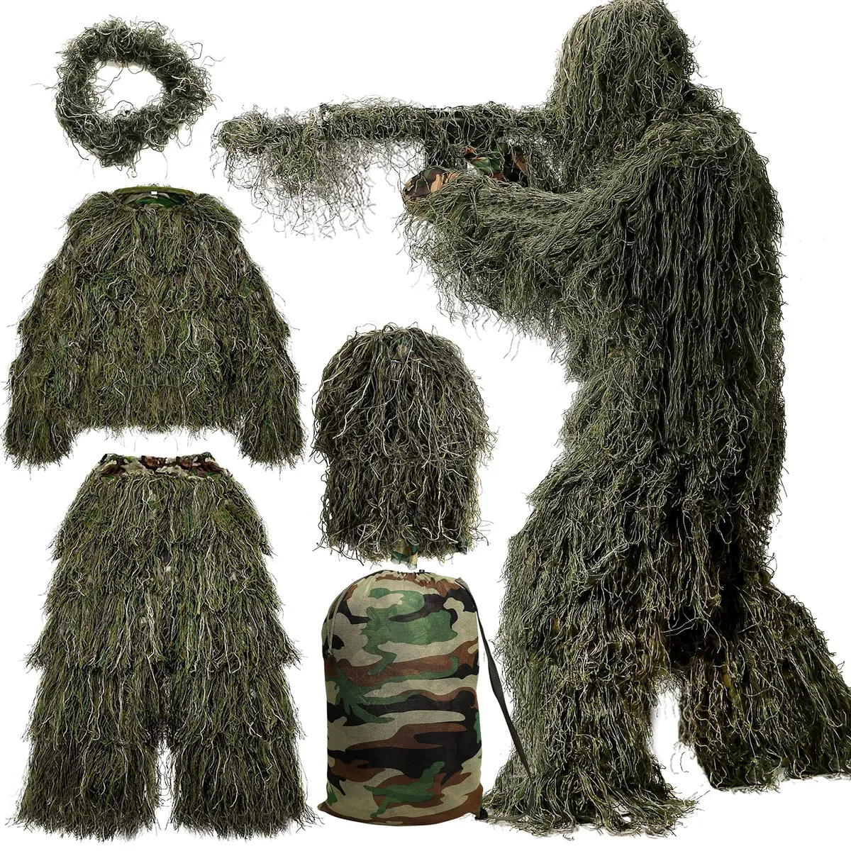 MOPHOTO 5 in 1 Ghillie Suit 3D Camouflage Hunting Suit - Jacket, Pants, Hood, Carry Bag, Adult XL/2XL | Effective Camouflage - main product image