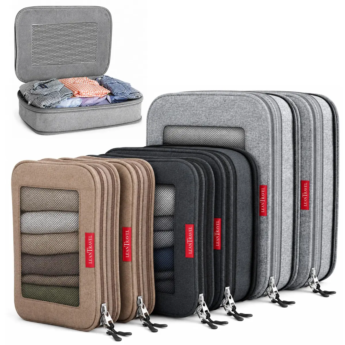 LeanTravel Premium Compression Packing Cubes for Travel - Suitcase Organizer Bags with Double Zipper & Breathable Mesh Panel - Space Saving Carry On Luggage Essentials (6-Pack, Grey, Black, Brown) - main product image